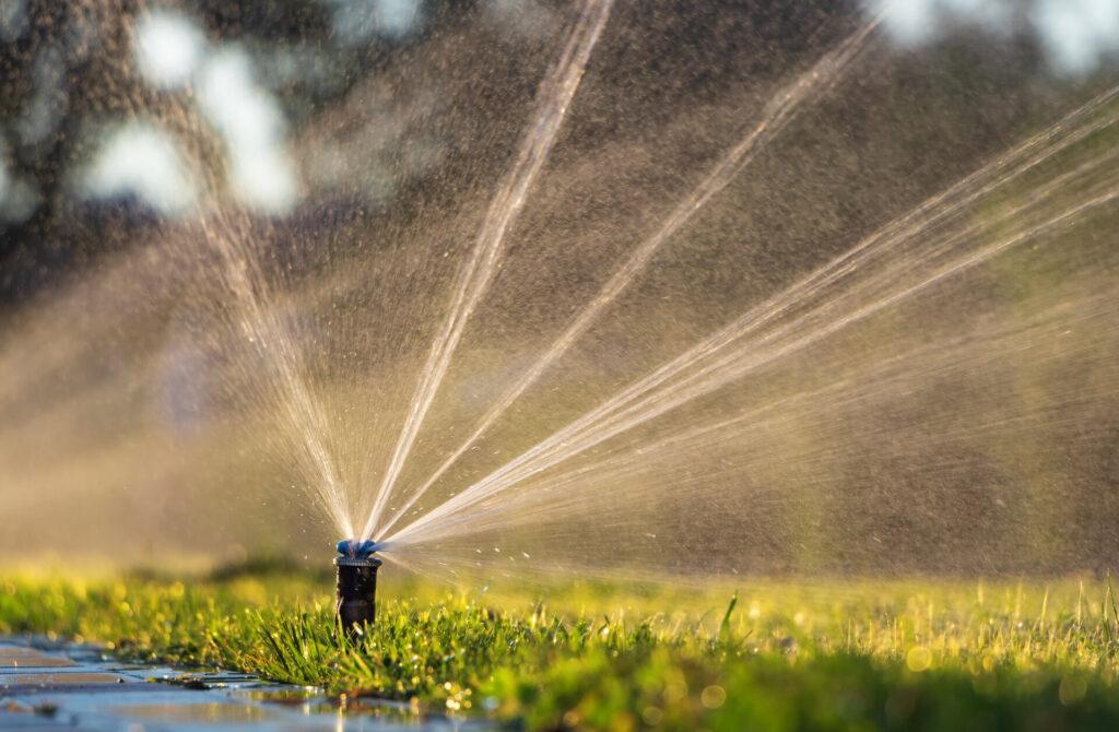 Automatische Sprinkleranlage zur Bewässerung des Rasens. Rasenbewässerung im öffentlichen Park.