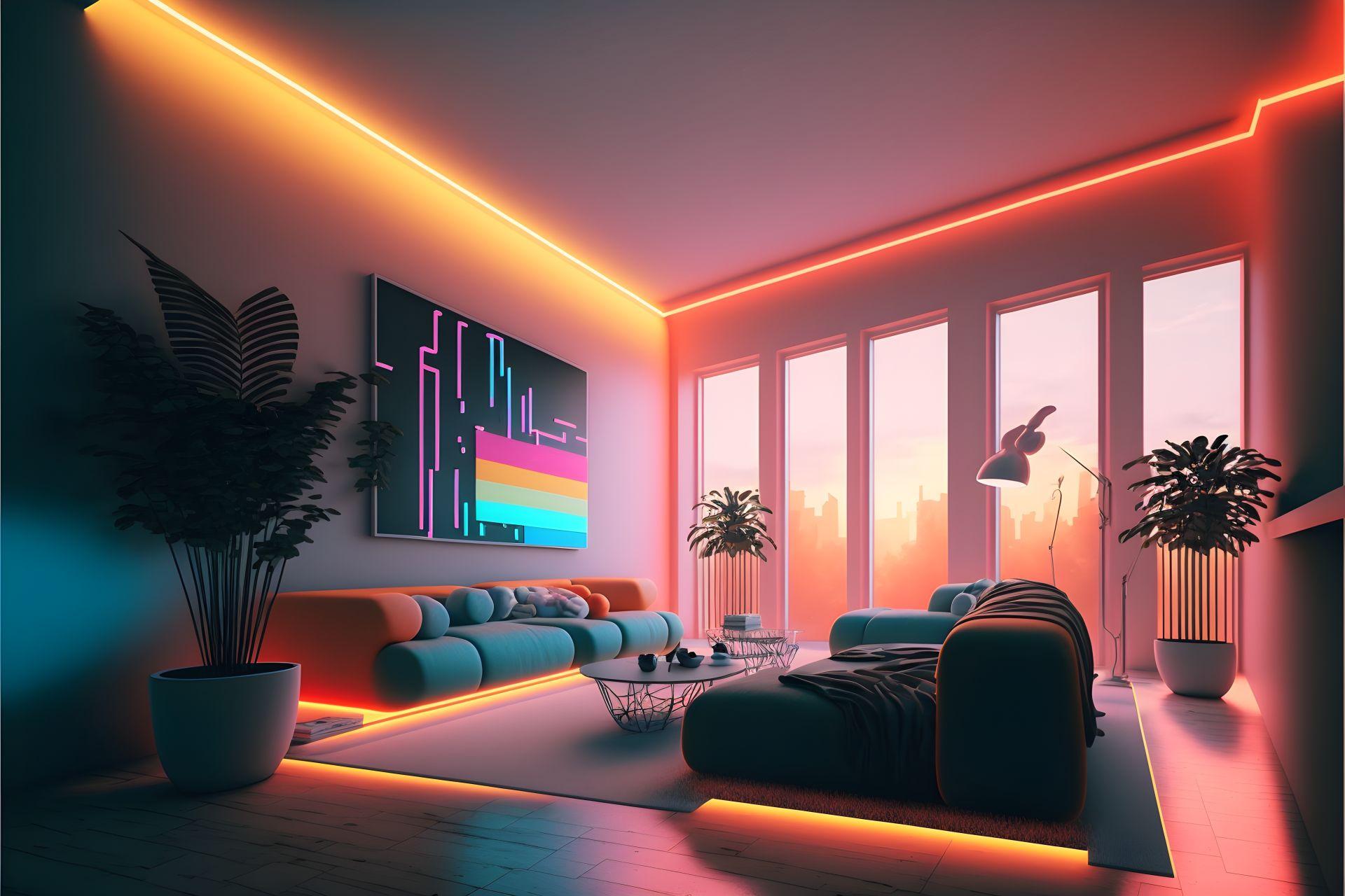 Ein futuristisch gestaltetes Wohnzimmer mit einem minimalistischen Couchtisch, umgeben von LED-Beleuchtung und moderner Einrichtung.