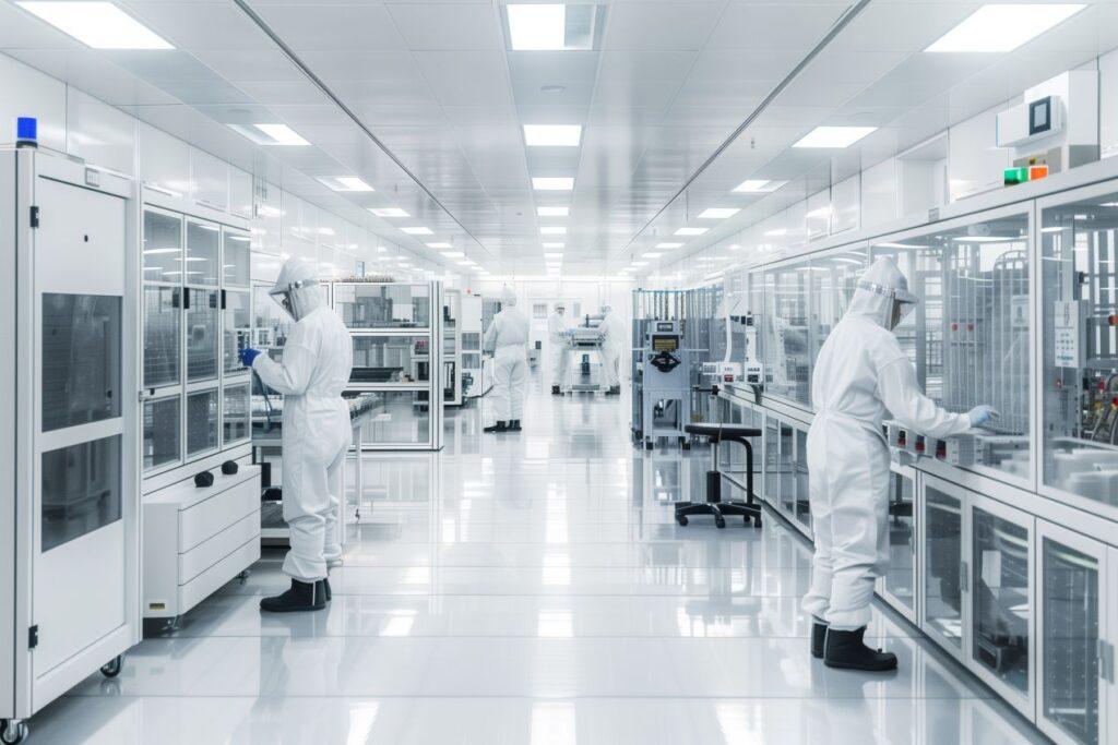 Reinraumreinigung mit Technikern in Schutzanzuegen in industriellem Labor mit Reinraumklasse ISO 5