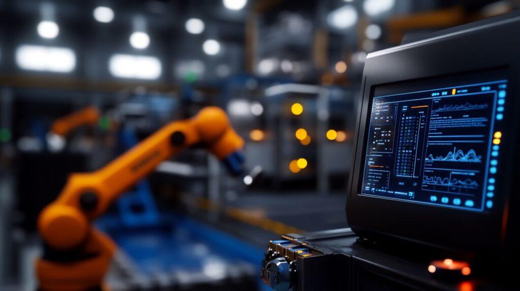 Ein Industrie-Roboterarm vor einem Bedienfeld mit Datenanzeige zeigt den Einsatz moderner Automatisierungslösungen in der Fertigung.