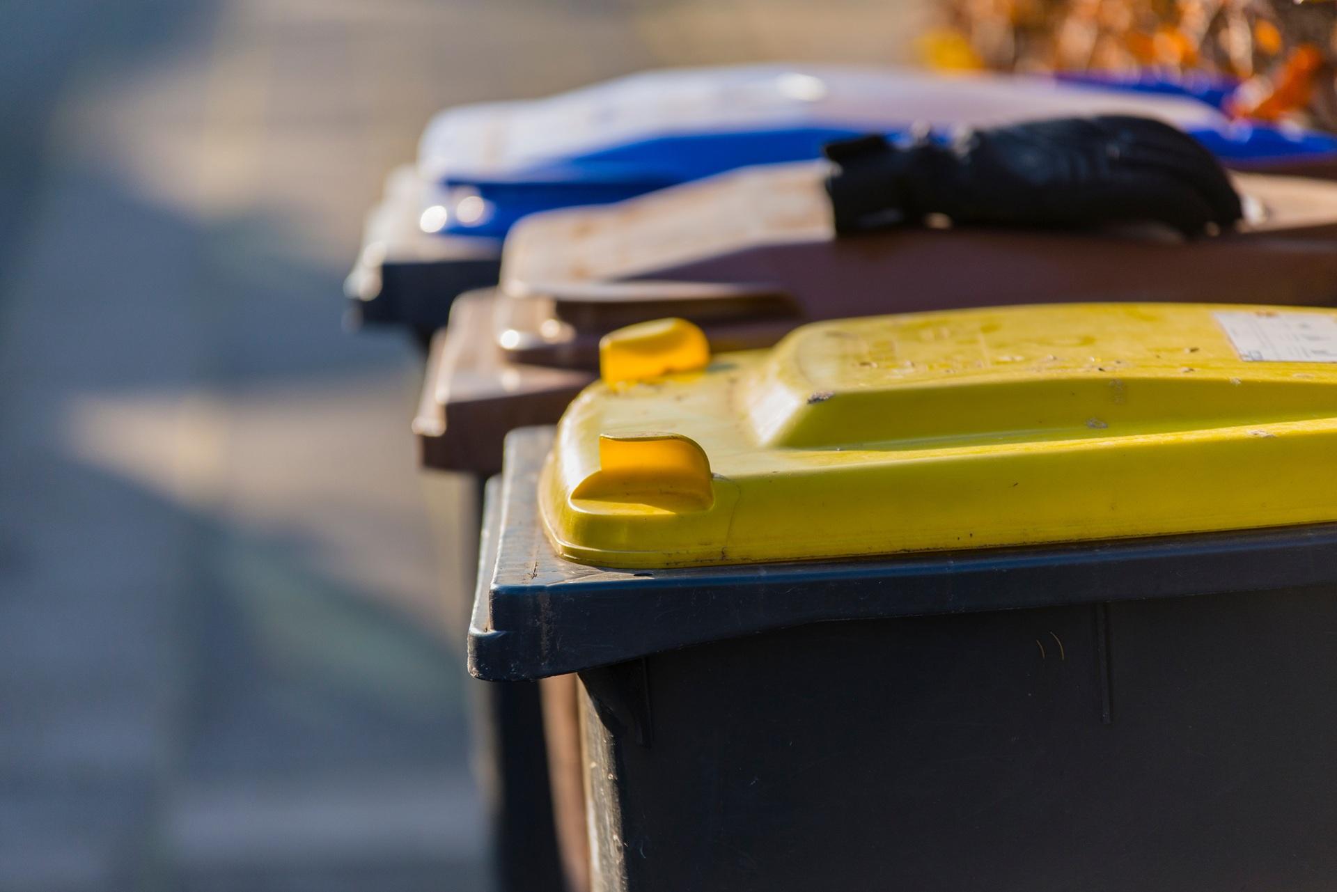 Drei Mülltonnen mit farbigen Deckeln in Nahaufnahme | Mülltonnenbox
